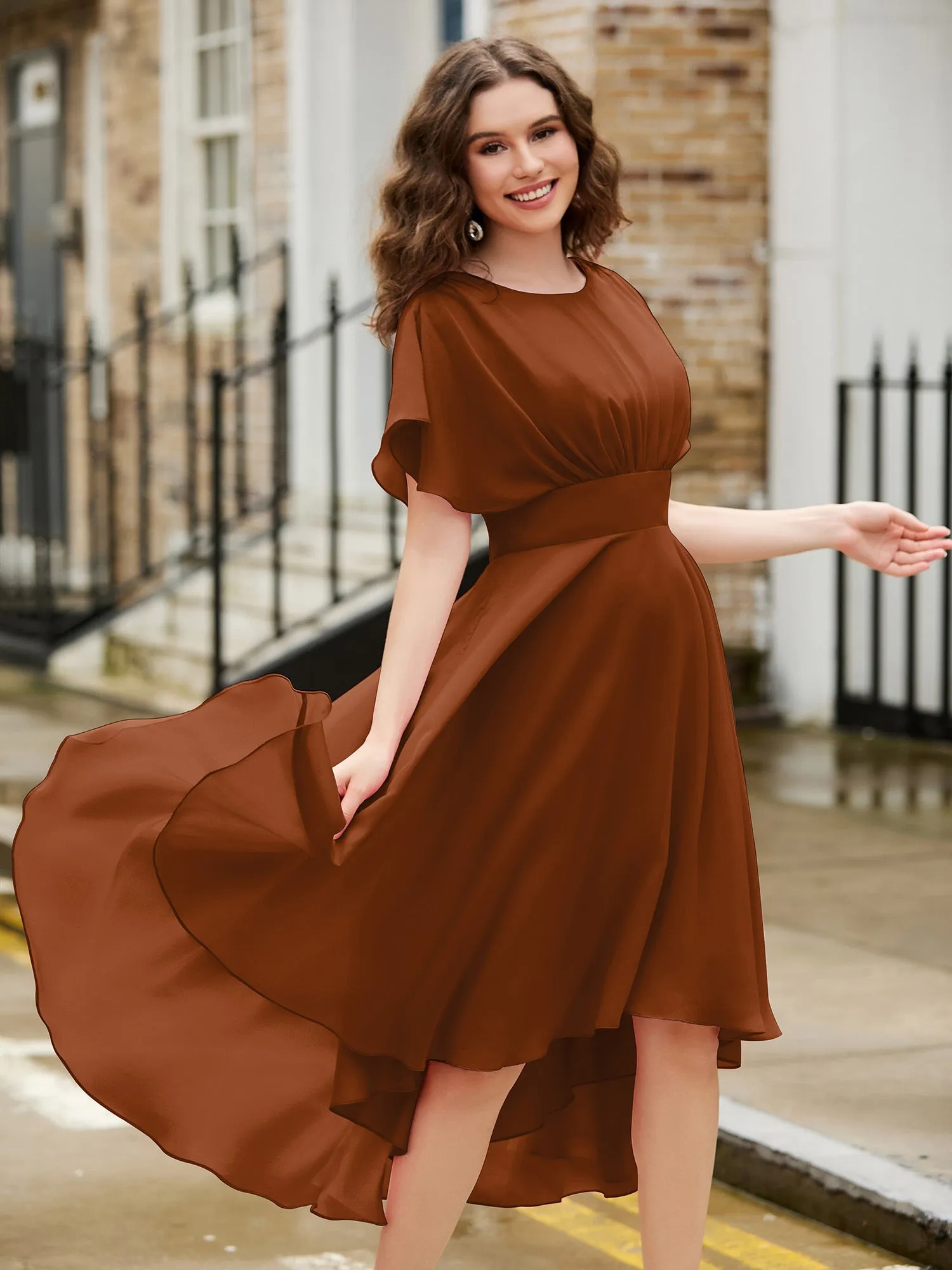 Flutter Sleeves Jewel Neckline Chiffon Dress Terracotta