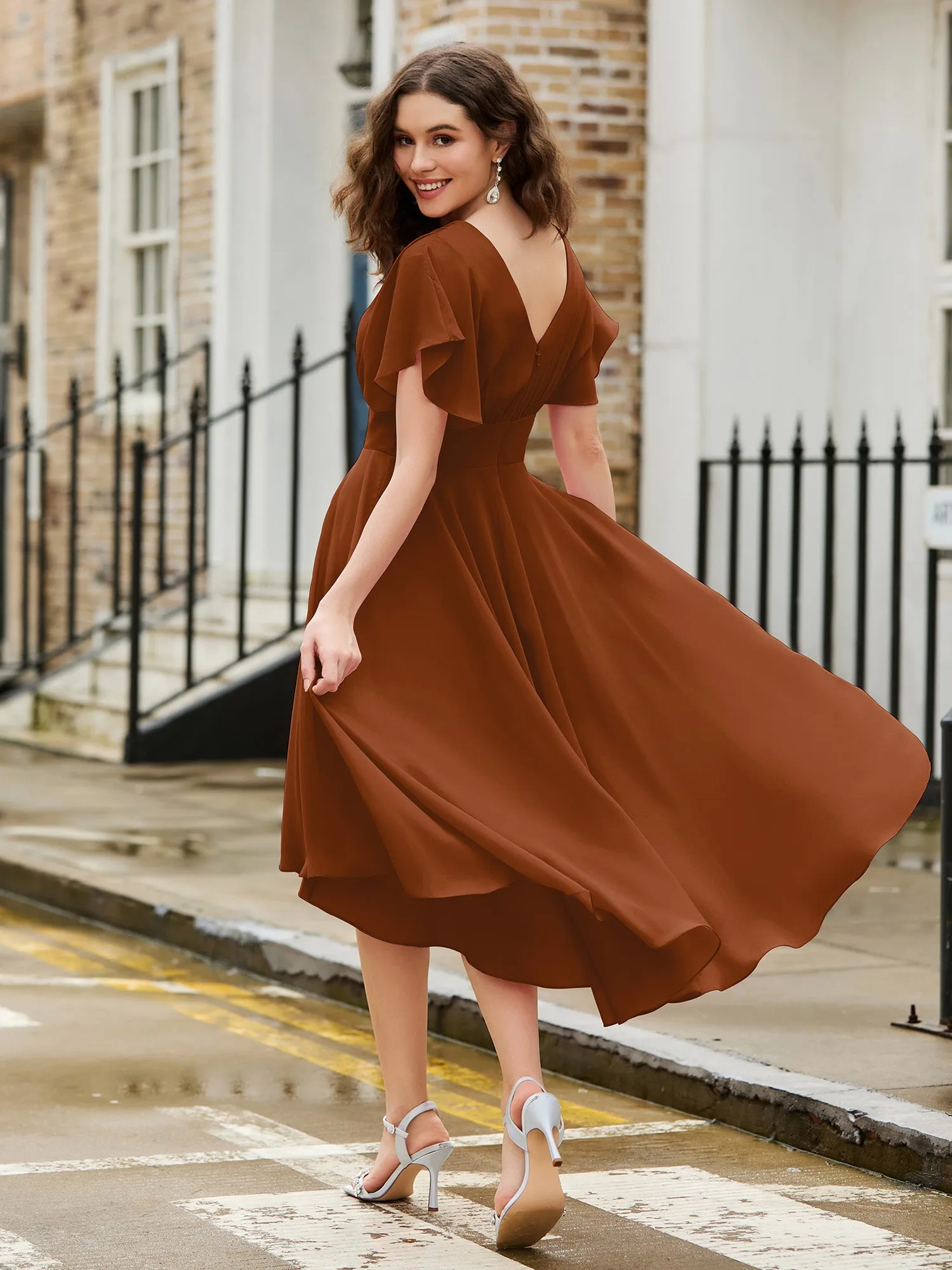 Flutter Sleeves Jewel Neckline Chiffon Dress Terracotta