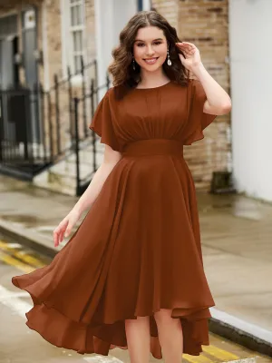 Flutter Sleeves Jewel Neckline Chiffon Dress Terracotta