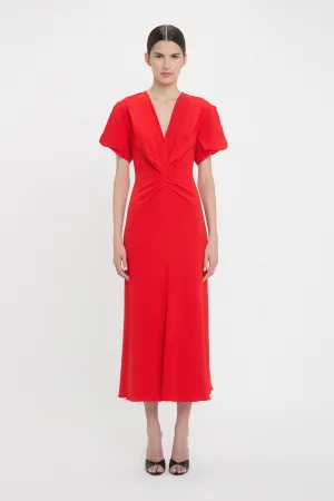Gathered V-Neck Midi Dress In Tomato