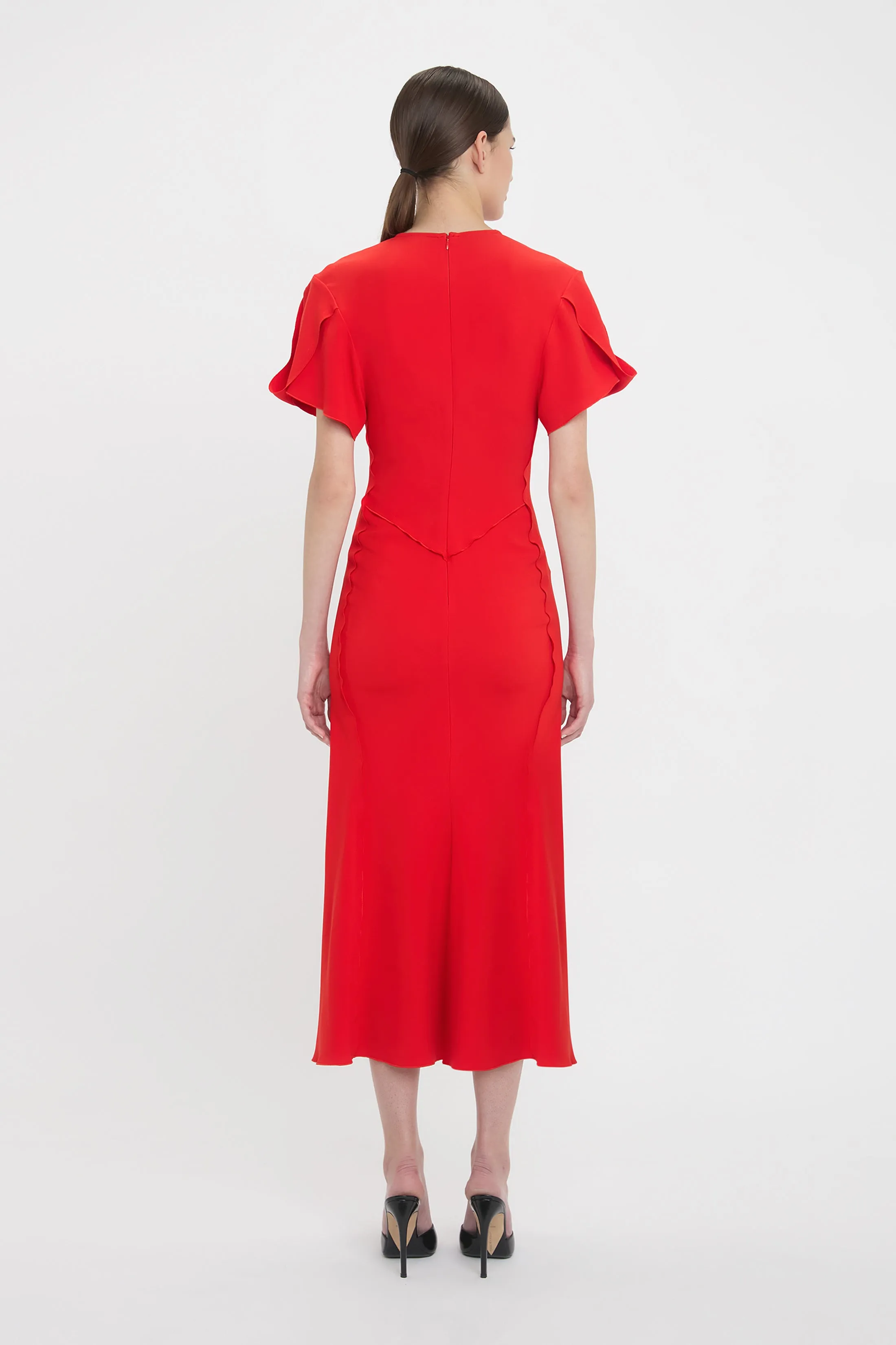 Gathered V-Neck Midi Dress In Tomato