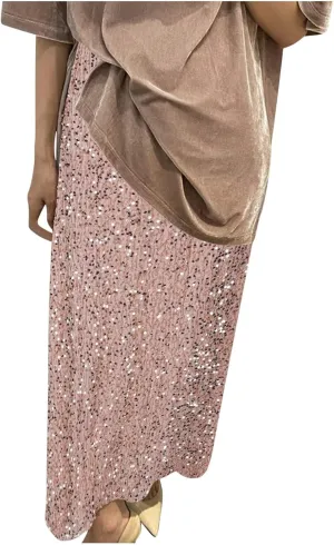 Glitter Sequin Long Skirt for Women Trendy Elastic High Waist Cocktail Party Skirts Fashion Sparkly A Line Skirts