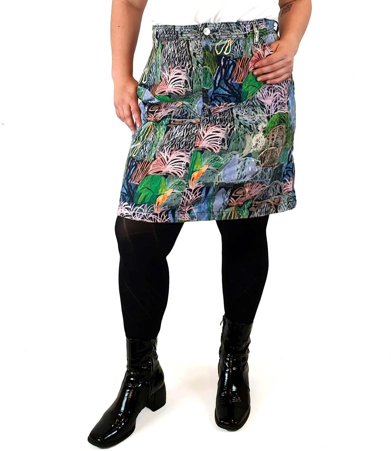 Gorman unique pencil scribble style print denim skirt size 16