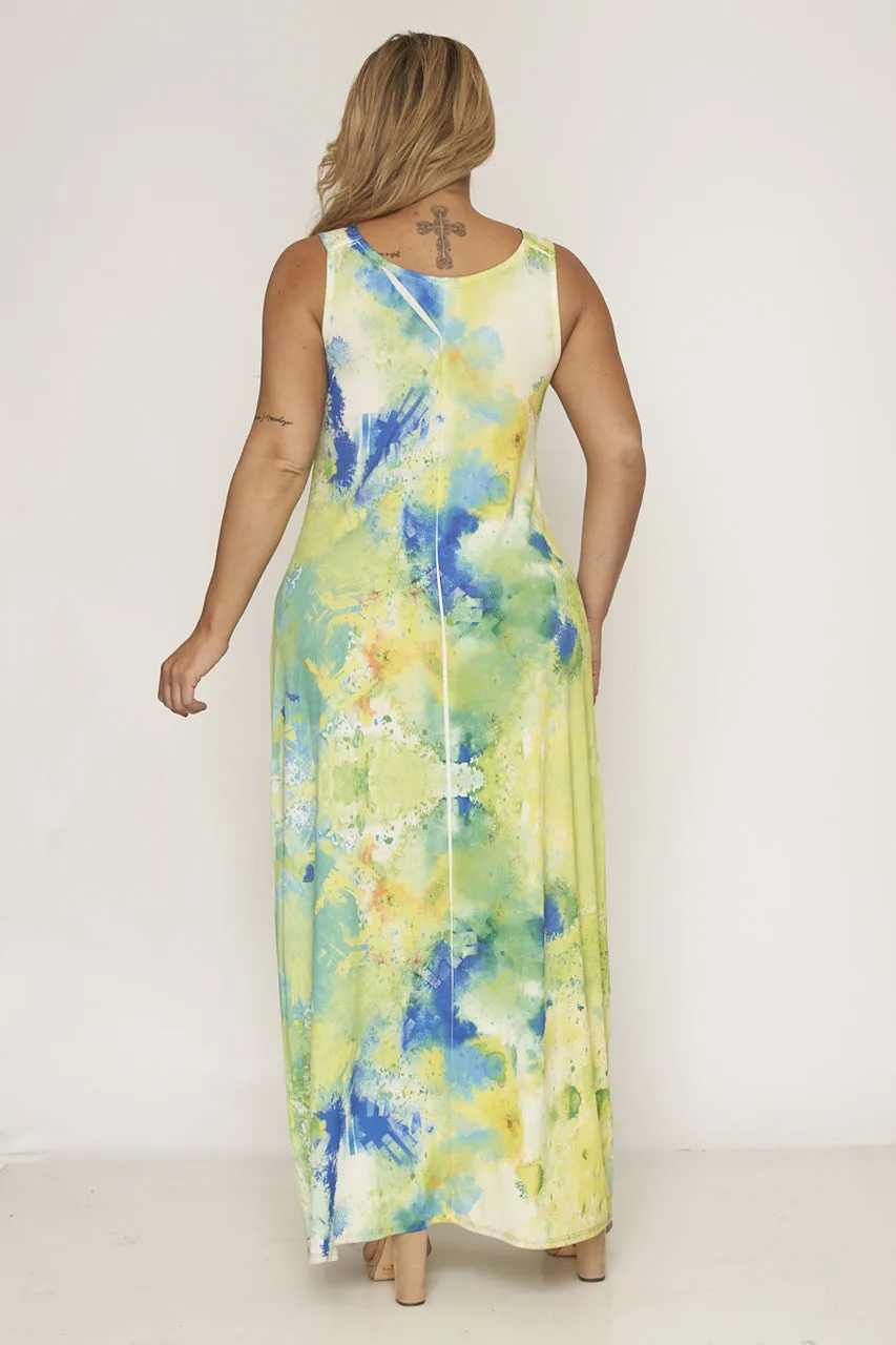 Green and Yellow Tie Dye Plus Size Maxi Dress