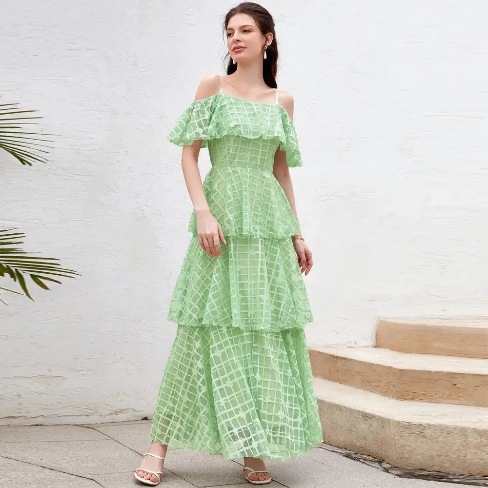 Green Layered Ruffle Maxi Dress