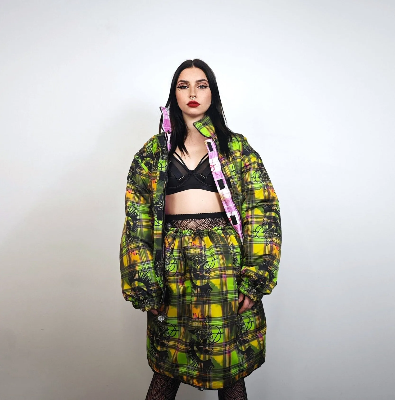 Green tartan skirt quilted punk reversible bottoms puffer skirt mohawk print pants rocker two sided joggers handmade tie-dye kilt