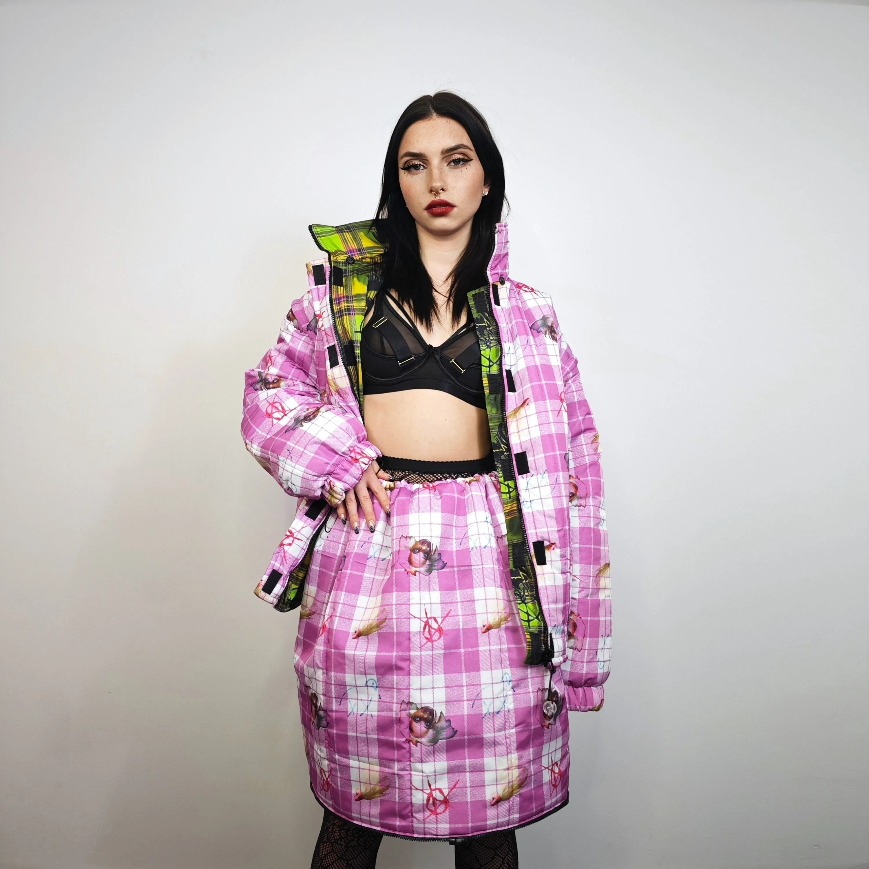 Green tartan skirt quilted punk reversible bottoms puffer skirt mohawk print pants rocker two sided joggers handmade tie-dye kilt