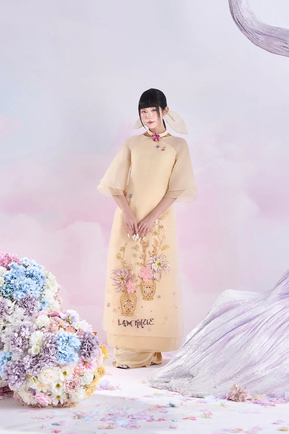 Heliodor Layered Choker Neck Organza Floor Length Ao Dai