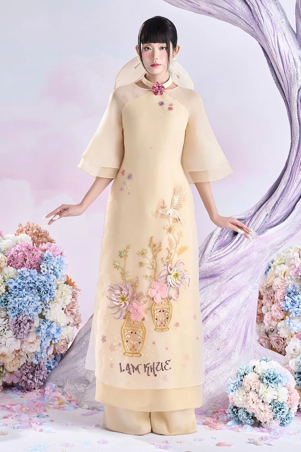 Heliodor Layered Choker Neck Organza Floor Length Ao Dai