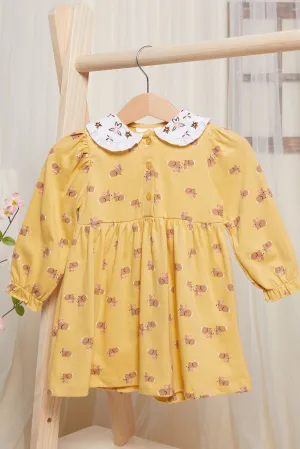 Infant Girls Mustard Bunny Printed Dress With Headband (2 Piece)