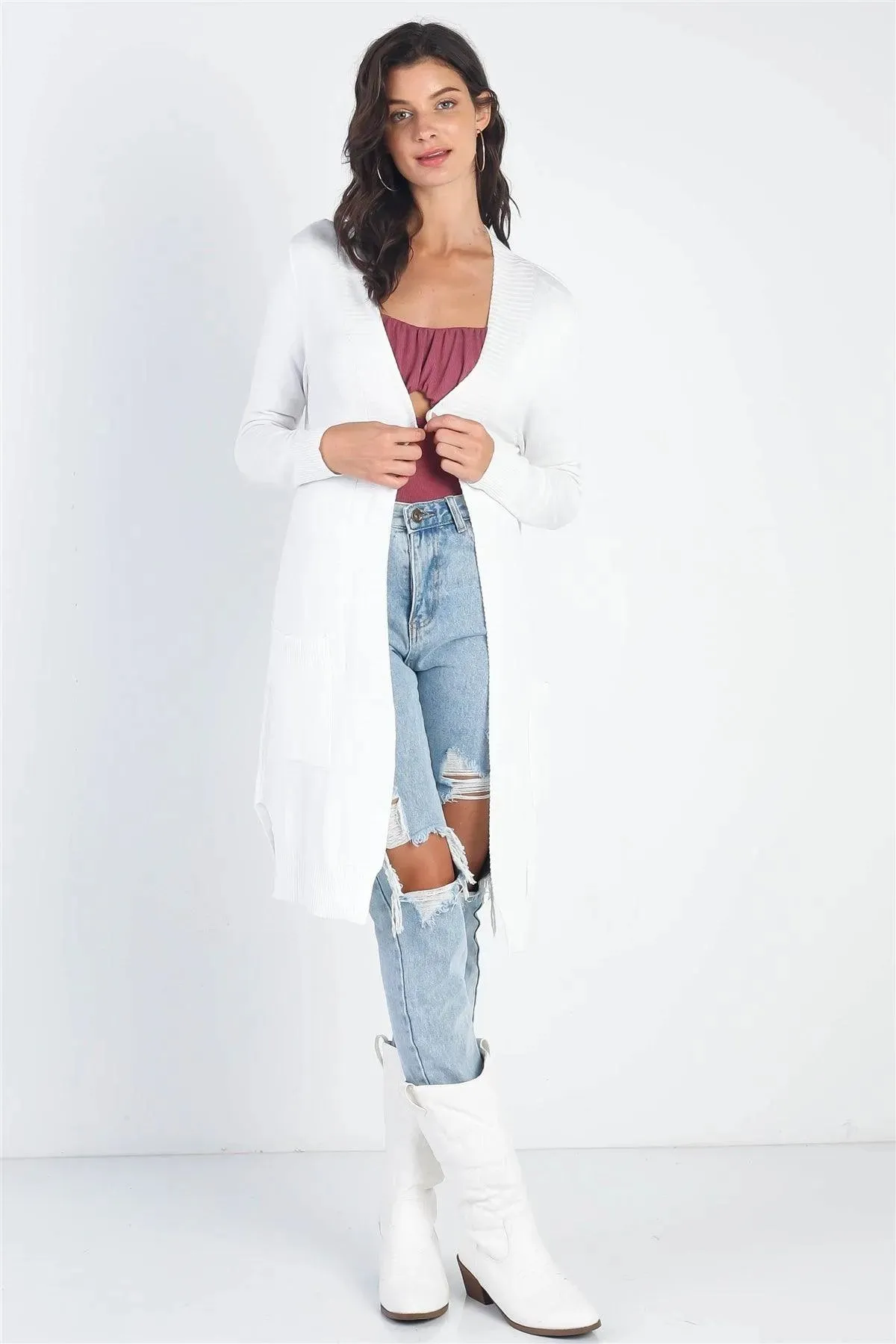 Ivory Open Front Two Pocket Relax Fit Cardigan /2-2-2