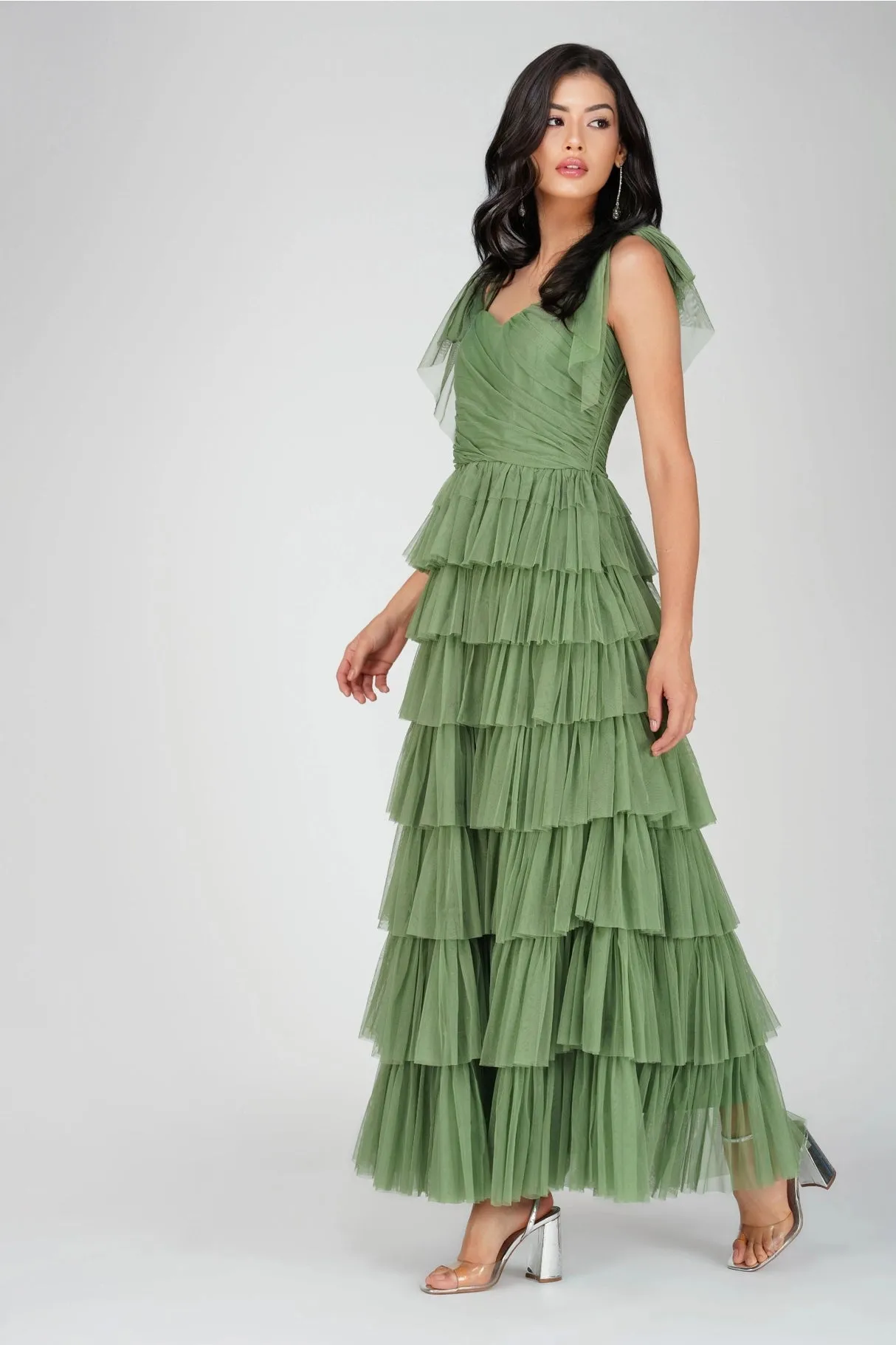 Lace & Beads Ophelia Olive Green Tulle Maxi Dress