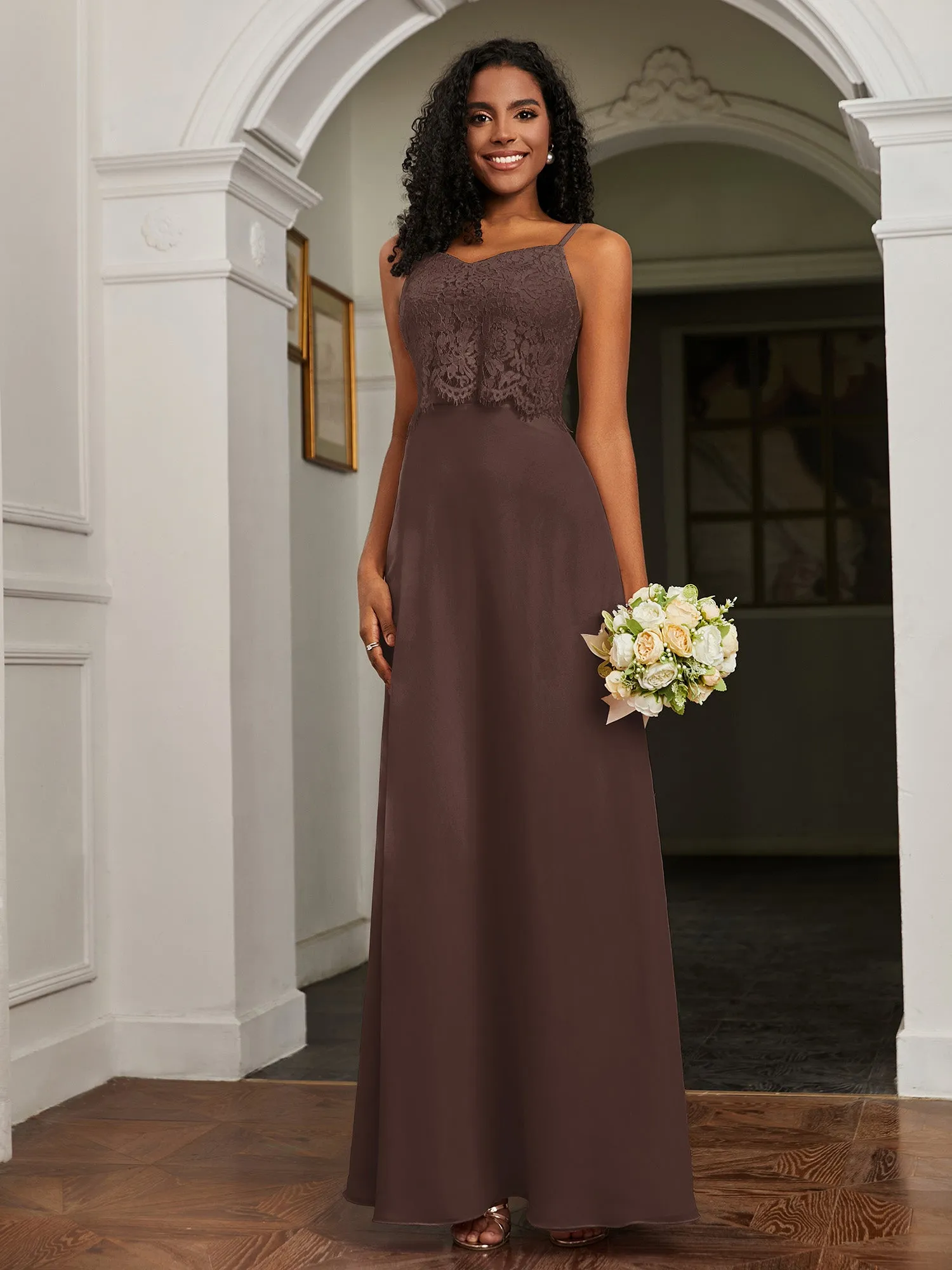 Lace Appliqued  Backless Chiffon A-Line Dress Chocolate Plus Size