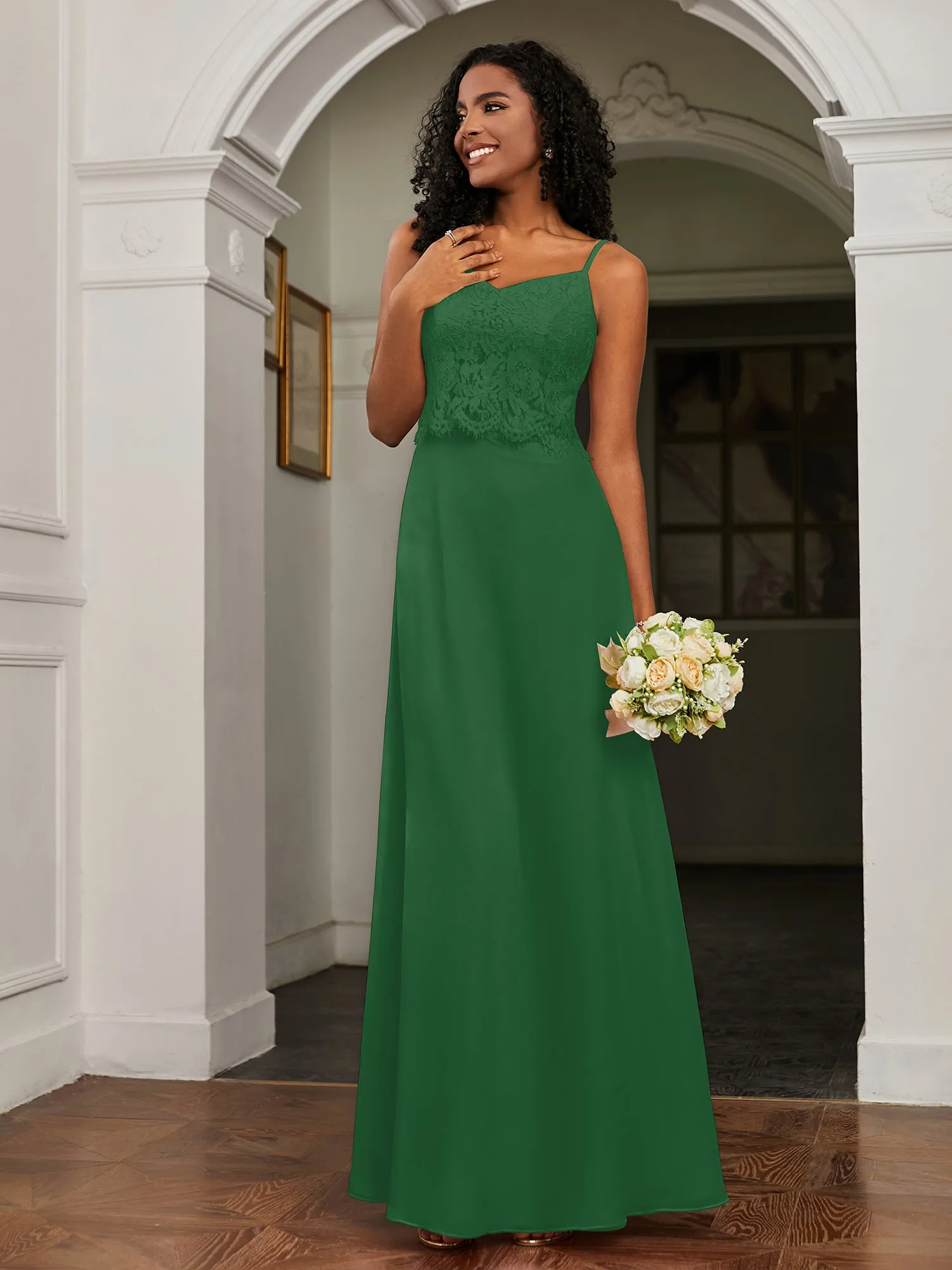 Lace Appliqued  Backless Chiffon A-Line Dress Emerald