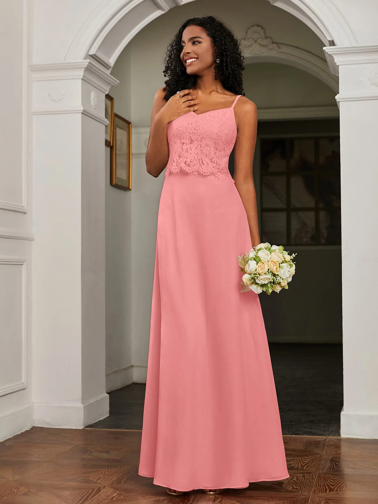 Lace Appliqued  Backless Chiffon A-Line Dress Flamingo