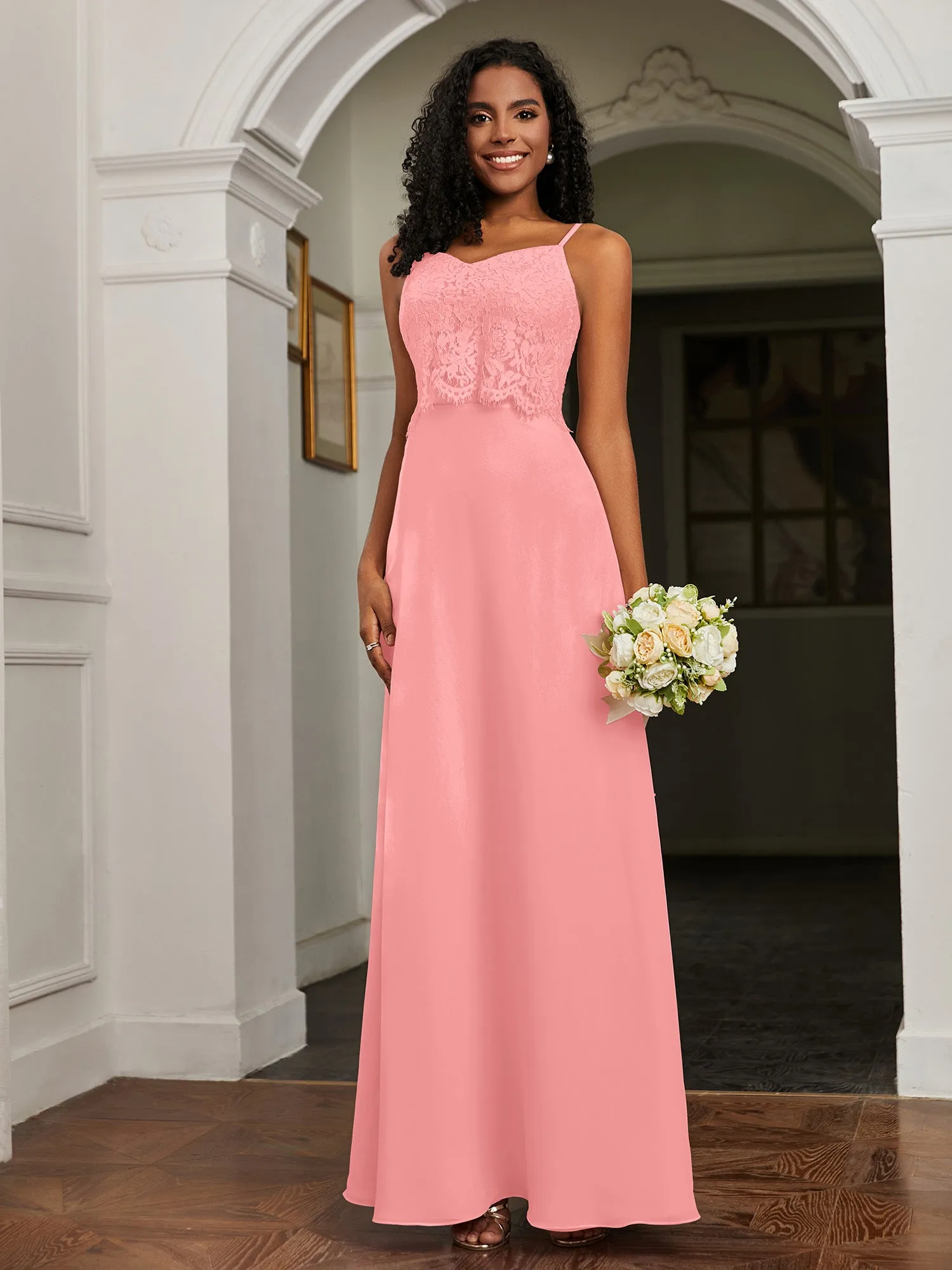 Lace Appliqued  Backless Chiffon A-Line Dress Flamingo
