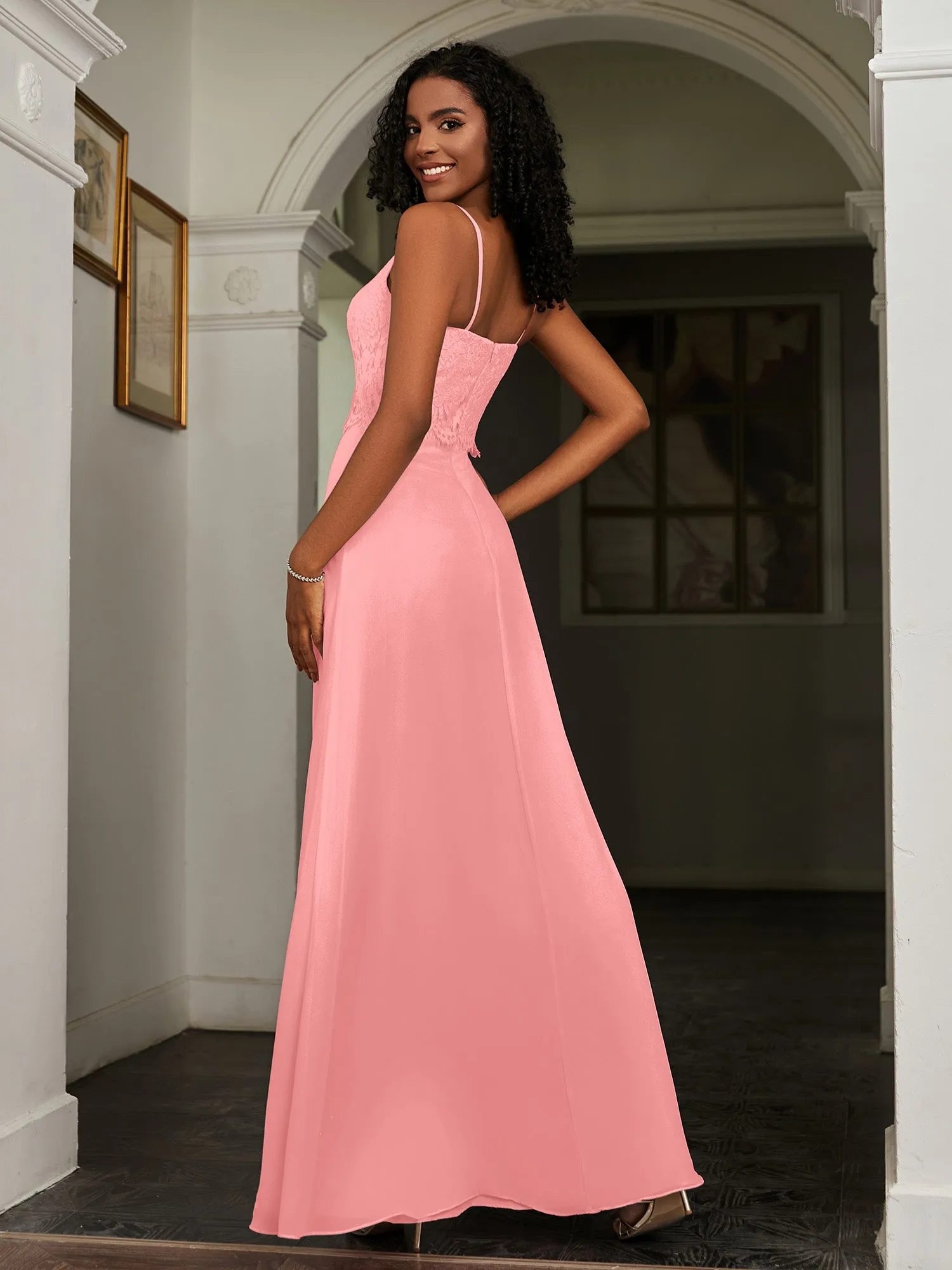 Lace Appliqued  Backless Chiffon A-Line Dress Flamingo