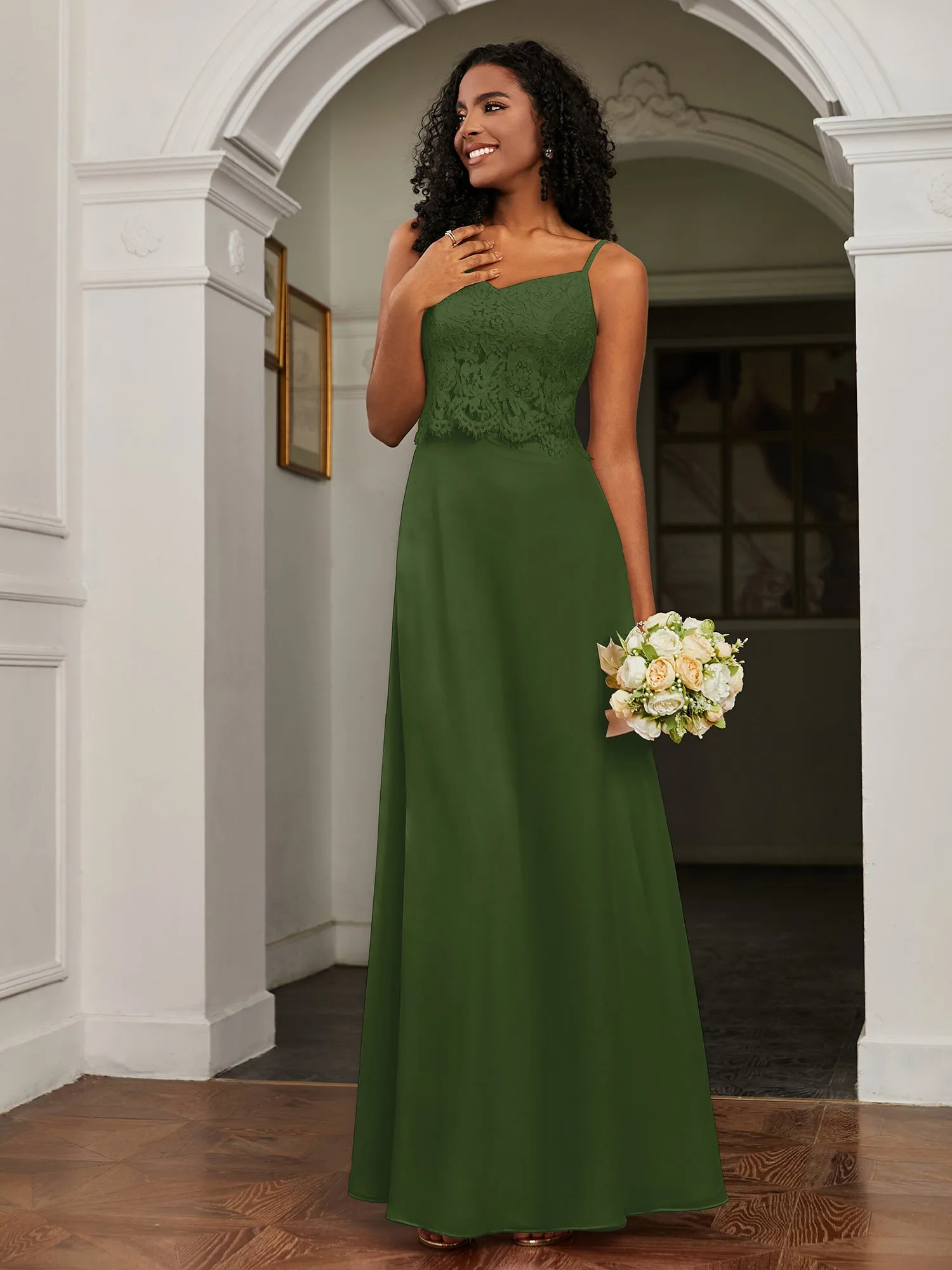Lace Appliqued  Backless Chiffon A-Line Dress Moss