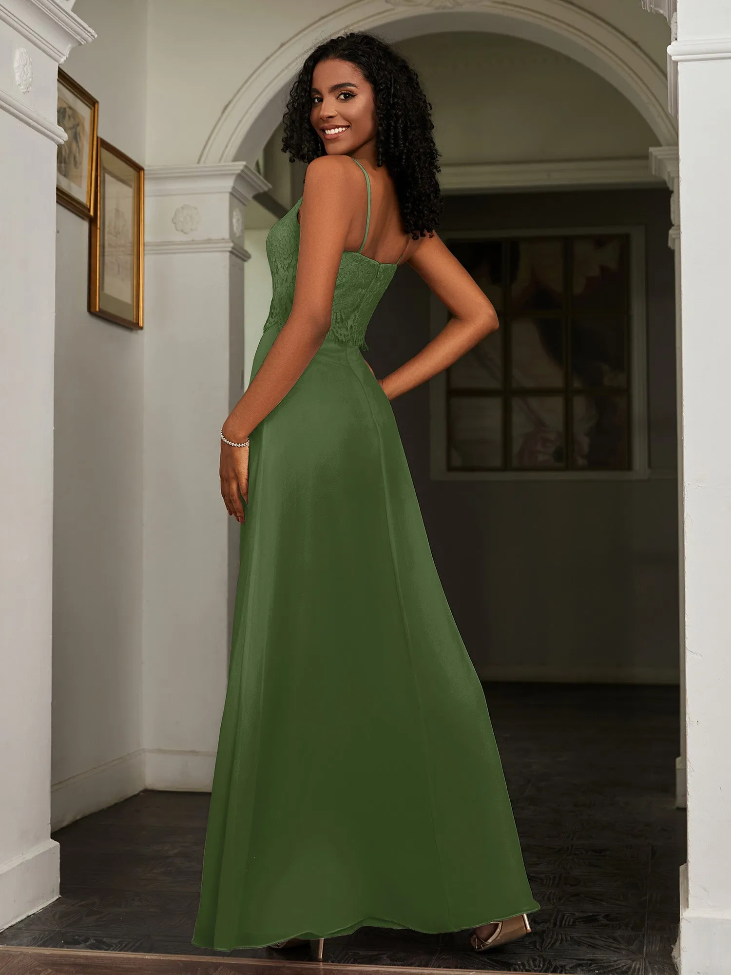 Lace Appliqued  Backless Chiffon A-Line Dress Moss