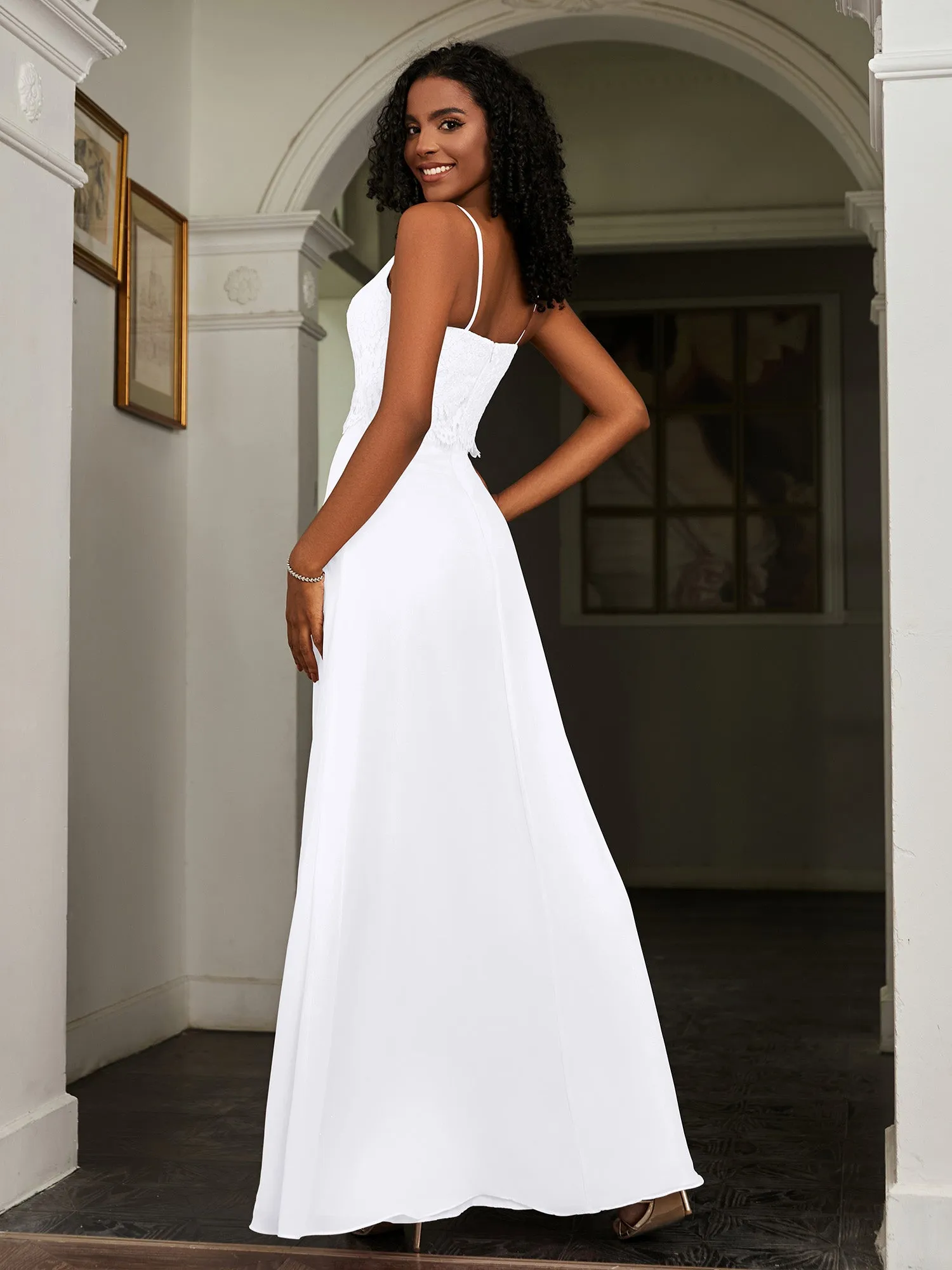 Lace Appliqued  Backless Chiffon A-Line Dress White