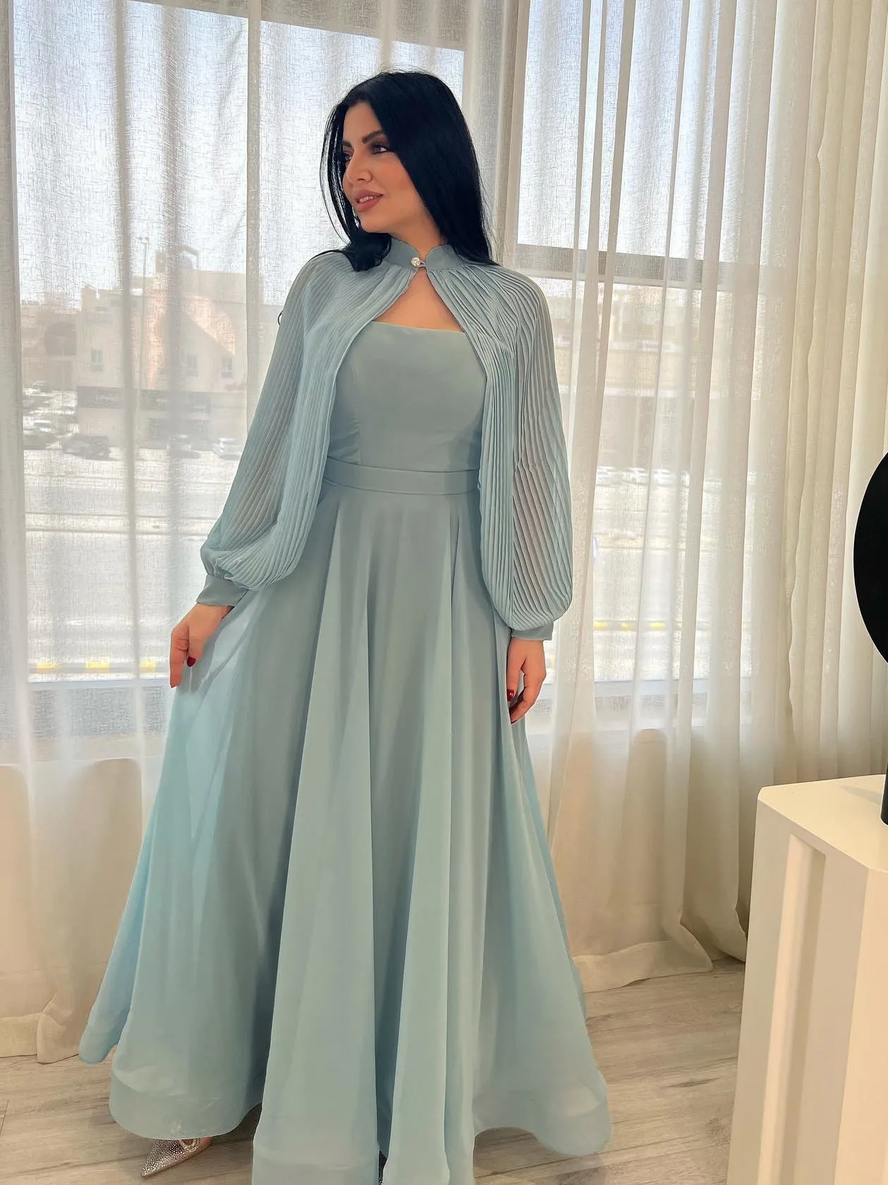 Light Blue Chiffon Elegant  Waist  Dress