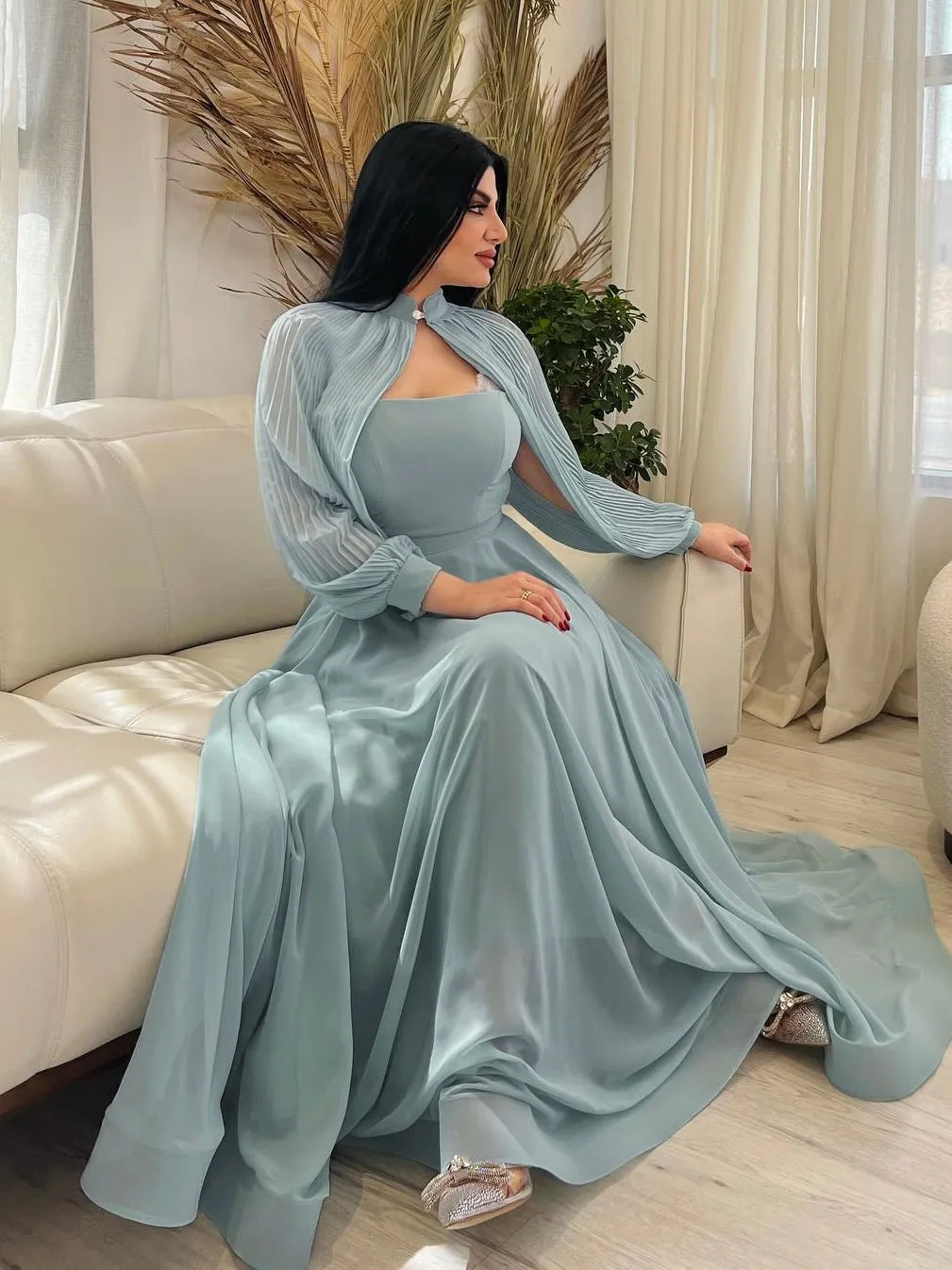 Light Blue Chiffon Elegant  Waist  Dress