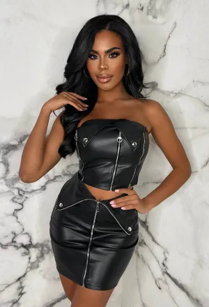 Love Shack Black Faux Leather Zip Detail Fold Over Waistband Skirt