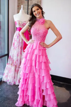 Luolandi Pink Halter Tiered Chiffon Long Prom Dresses with Appliques And Slit Floor Length