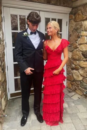 Luolandi Red Lace Long Prom Dress Tiered Evening Dresses Graduation Gown With Slit