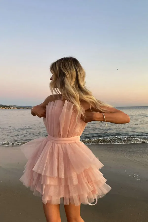 Luolandi Unique Pink Strapless Tiered Cake Homecoming Dress With Layers Short Prom Dresses Beautiful