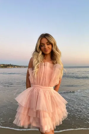 Luolandi Unique Pink Strapless Tiered Cake Homecoming Dress With Layers Short Prom Dresses Beautiful