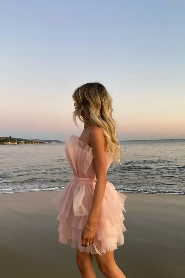 Luolandi Unique Pink Strapless Tiered Cake Homecoming Dress With Layers Short Prom Dresses Beautiful