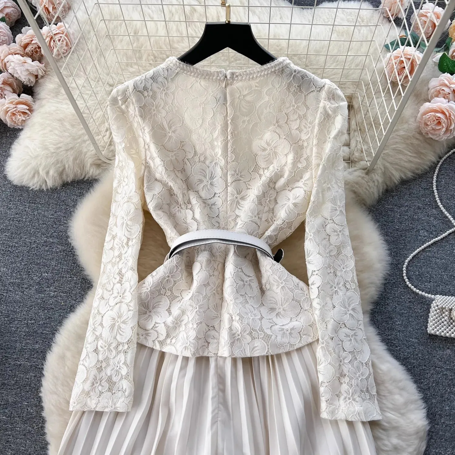Magdalena Lace Patchwork Chiffon Pleated Dress