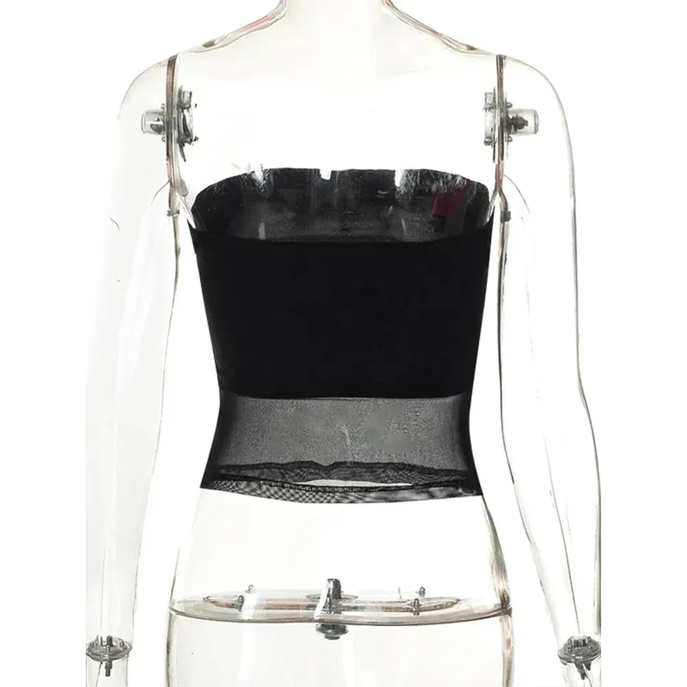 Mesh Corset Black Crop Top Women Patchwork Sexy Cami