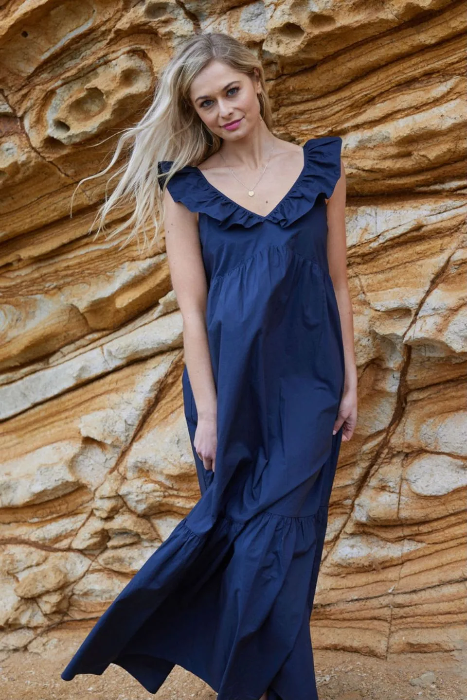 Mid Summer Shoulder Frill Ink Midi Dress