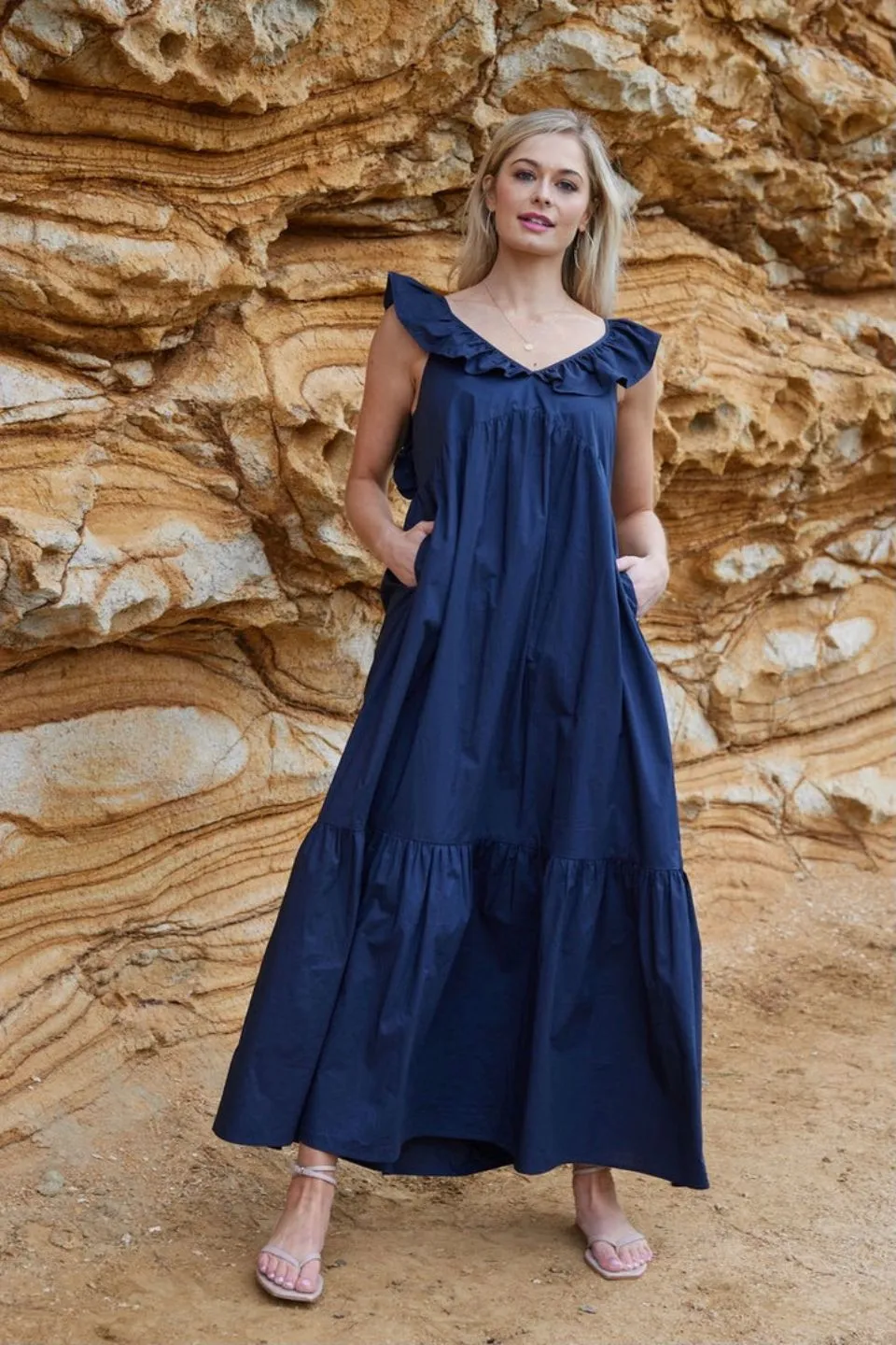 Mid Summer Shoulder Frill Ink Midi Dress