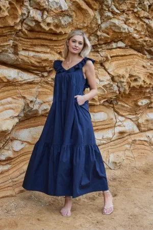 Mid Summer Shoulder Frill Ink Midi Dress