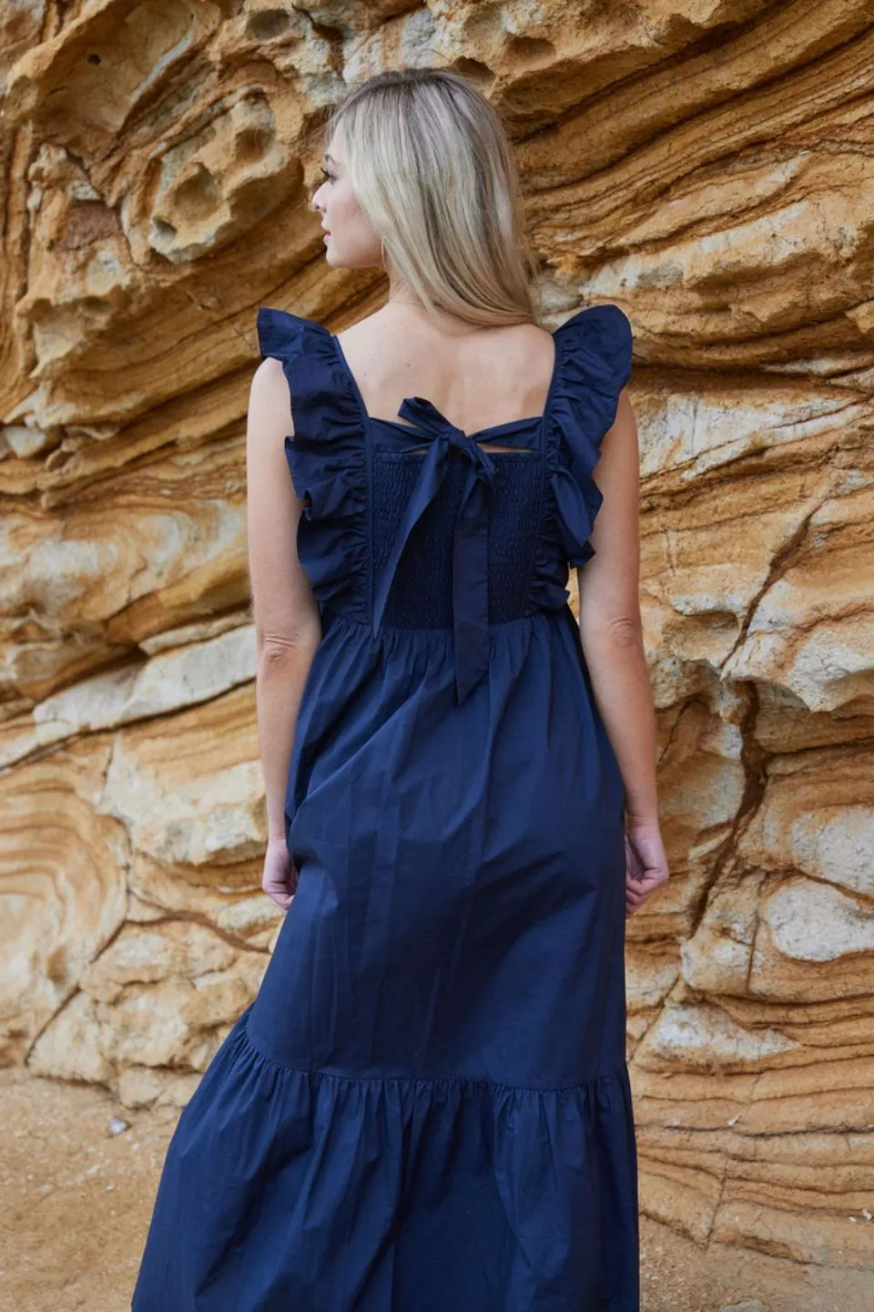 Mid Summer Shoulder Frill Ink Midi Dress