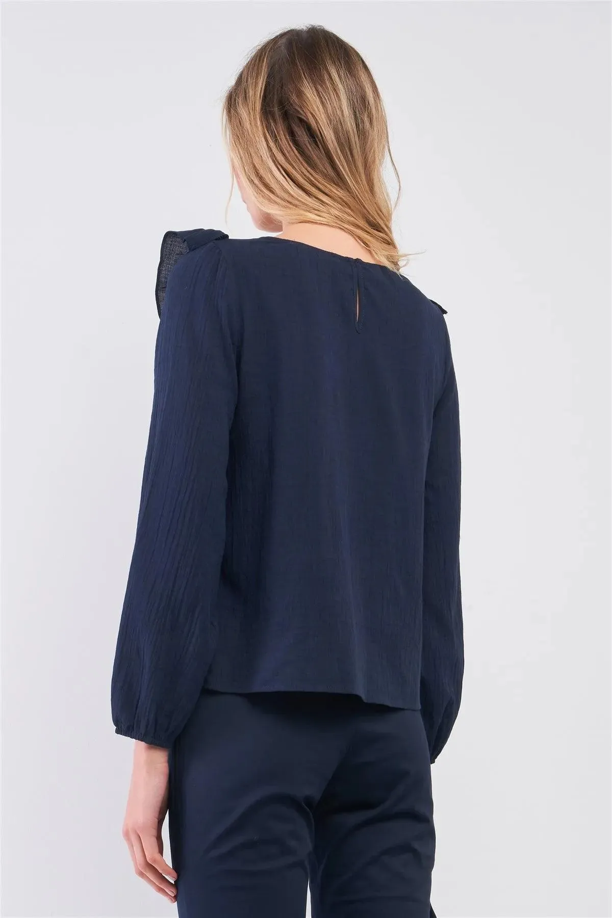 Navy Boho Balloon Sleeve Ruffle Trim Pleated Front Detail Relaxed Top /1-2-2