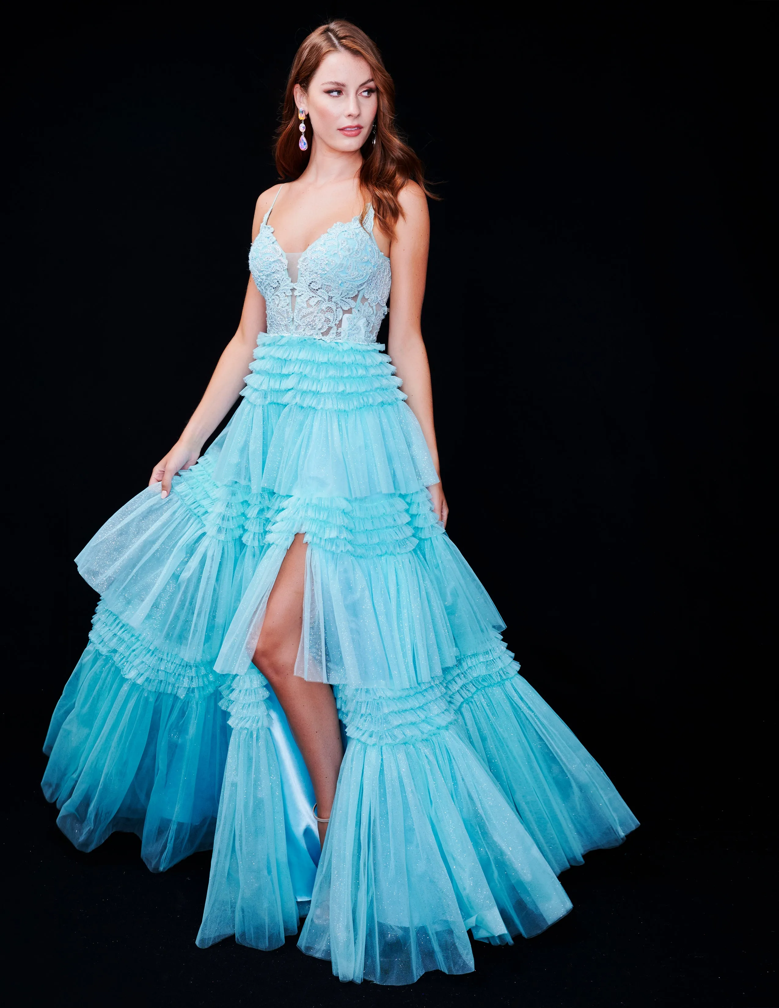 Nina Canacci 4418 Sheer Lace Corset Prom Dress Layer A Line Shimmer Tulle Pleated Formal Ball Gown