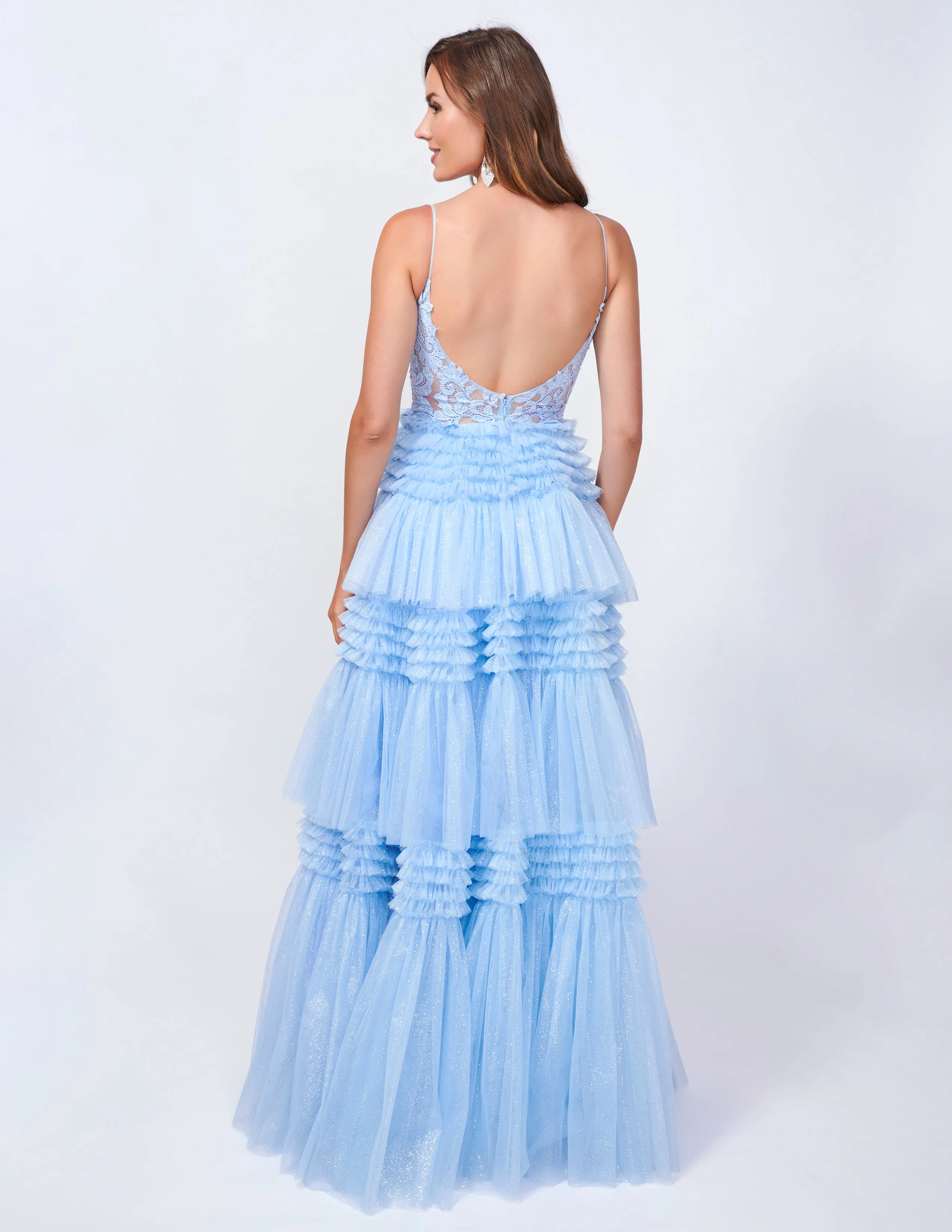 Nina Canacci 4418 Sheer Lace Corset Prom Dress Layer A Line Shimmer Tulle Pleated Formal Ball Gown