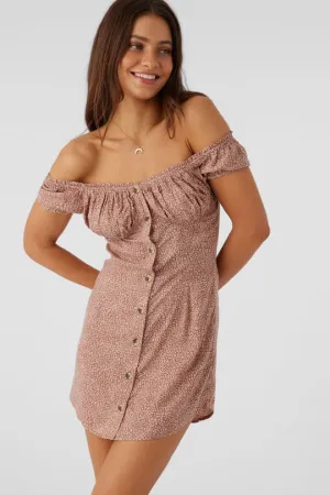 O'Neill ELLISON LORDES ANIMAL OFF-THE-SHOULDER MINI DRESS - BURLWOOD