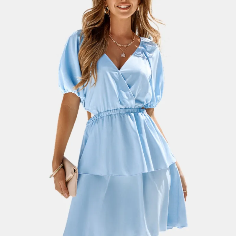 Open Back Wedding Dresses V Neck Blue Dress