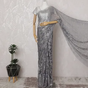 Pewter Gray, Blue French Metallic Chantilly Lace Saree - 110 cm Width, 5.5 Meters-D20156