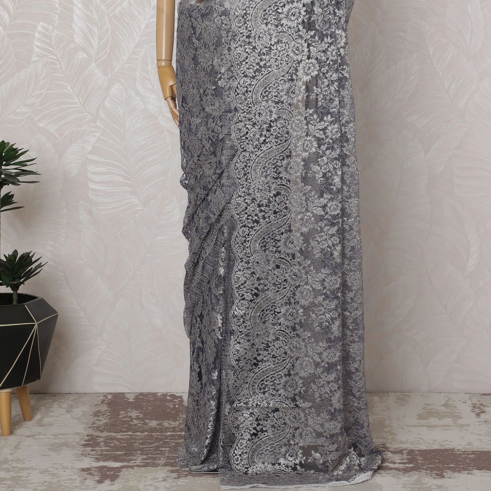 Pewter Gray, Blue French Metallic Chantilly Lace Saree - 110 cm Width, 5.5 Meters-D20156