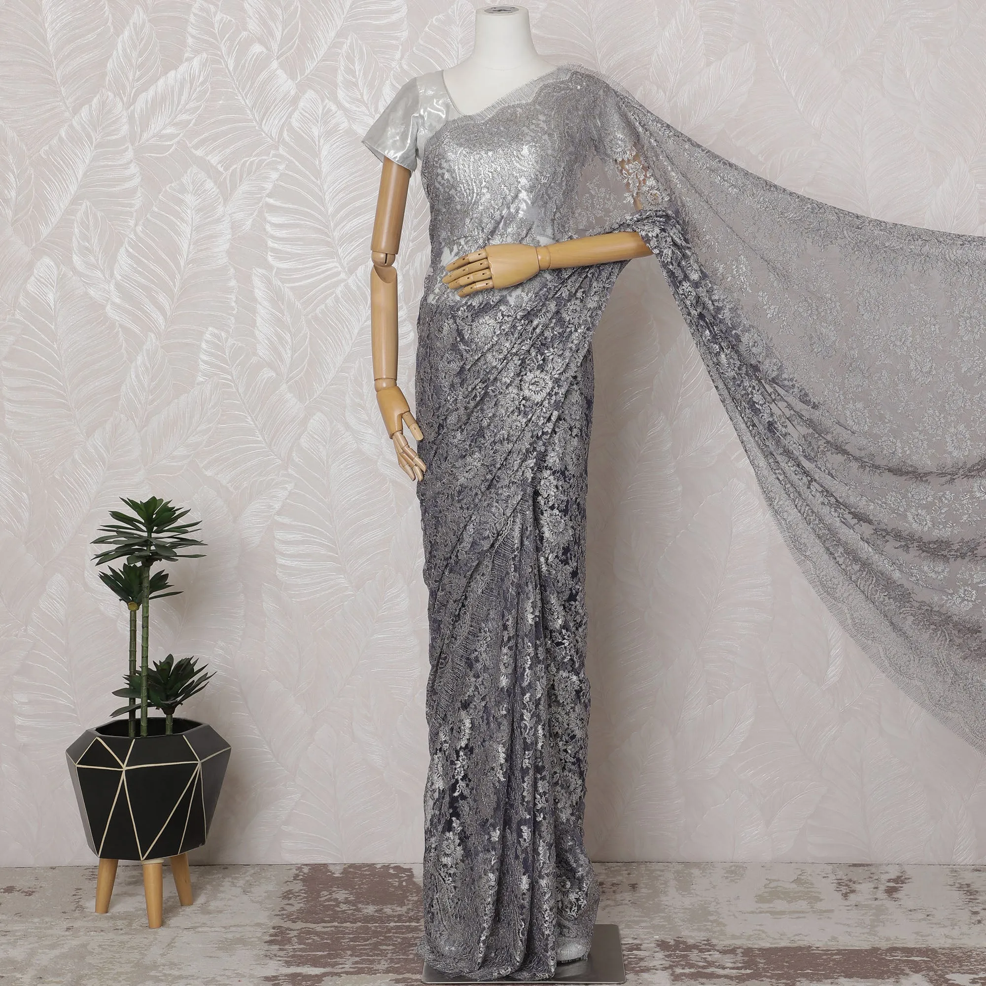 Pewter Gray, Blue French Metallic Chantilly Lace Saree - 110 cm Width, 5.5 Meters-D20156