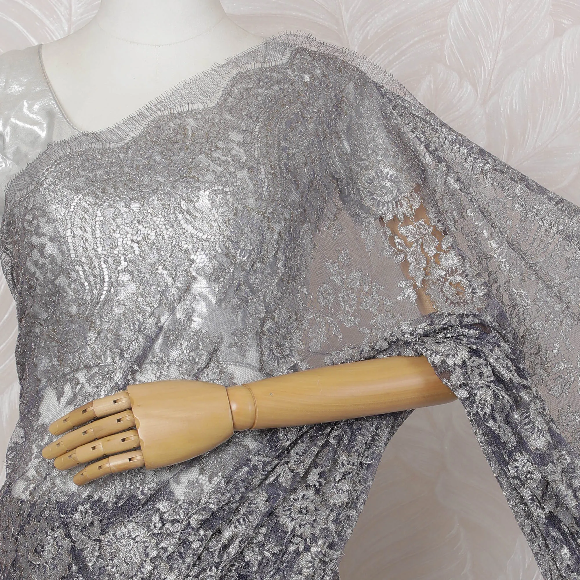 Pewter Gray, Blue French Metallic Chantilly Lace Saree - 110 cm Width, 5.5 Meters-D20156