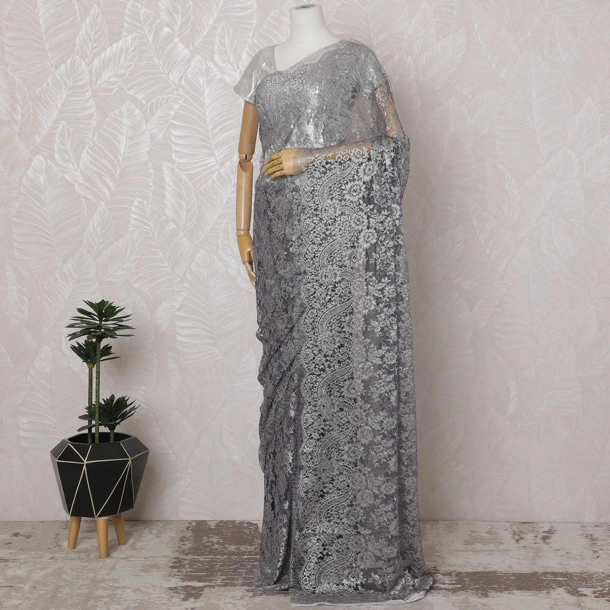 Pewter Gray, Blue French Metallic Chantilly Lace Saree - 110 cm Width, 5.5 Meters-D20156