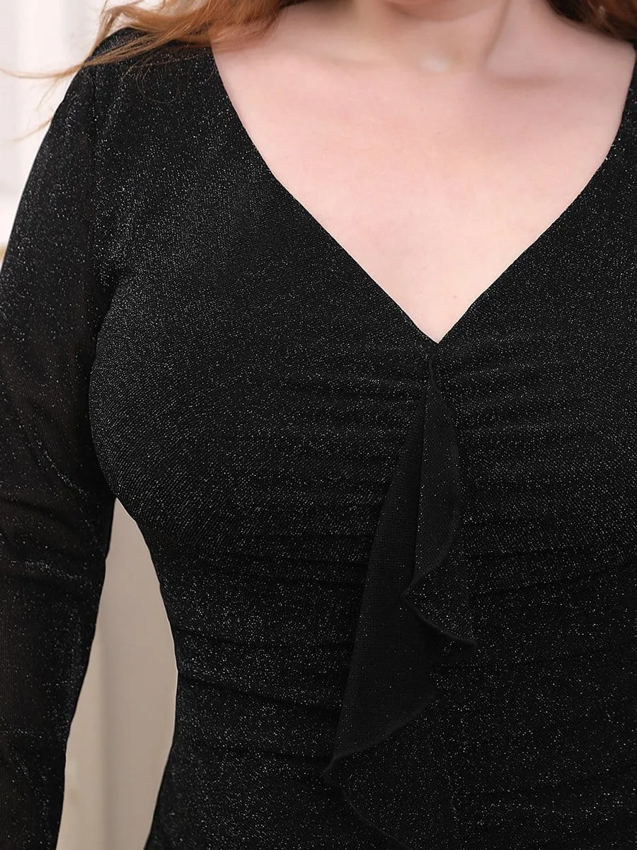 Plus Size Sexy Short Long Sleeve V Neck Cocktail Dress