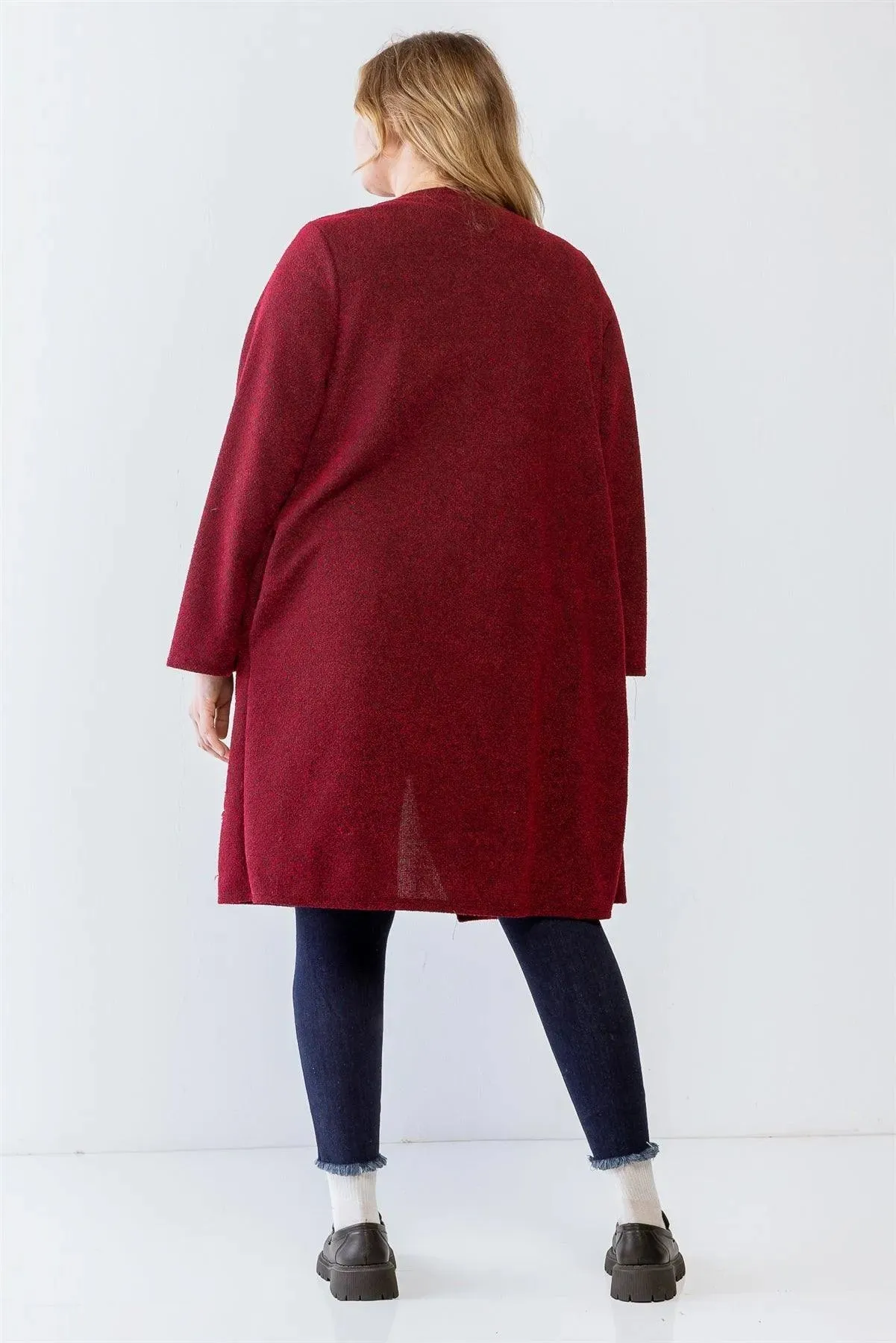 Plus Size Wine Asymmetrical Long Sleeve Relax Cardigan